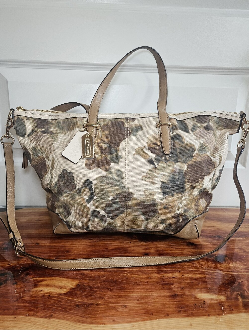 Coach Floral Canvas Convertible Tote Crossbody Bag Beige Brown Large Zip Top